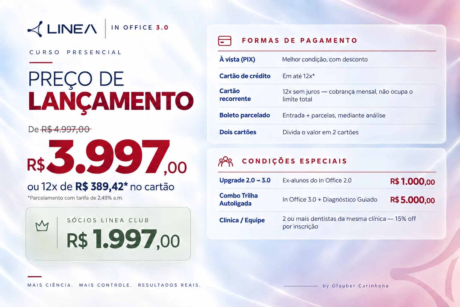 IN OFFICE 3.0, curso presencial, preço de lançamento: de R$ 4.997 por R$ 3.997 ou 12x de R$ 389,42. Sócios Linea Club R$ 1.997. Formas de pagamento e condições especiais.